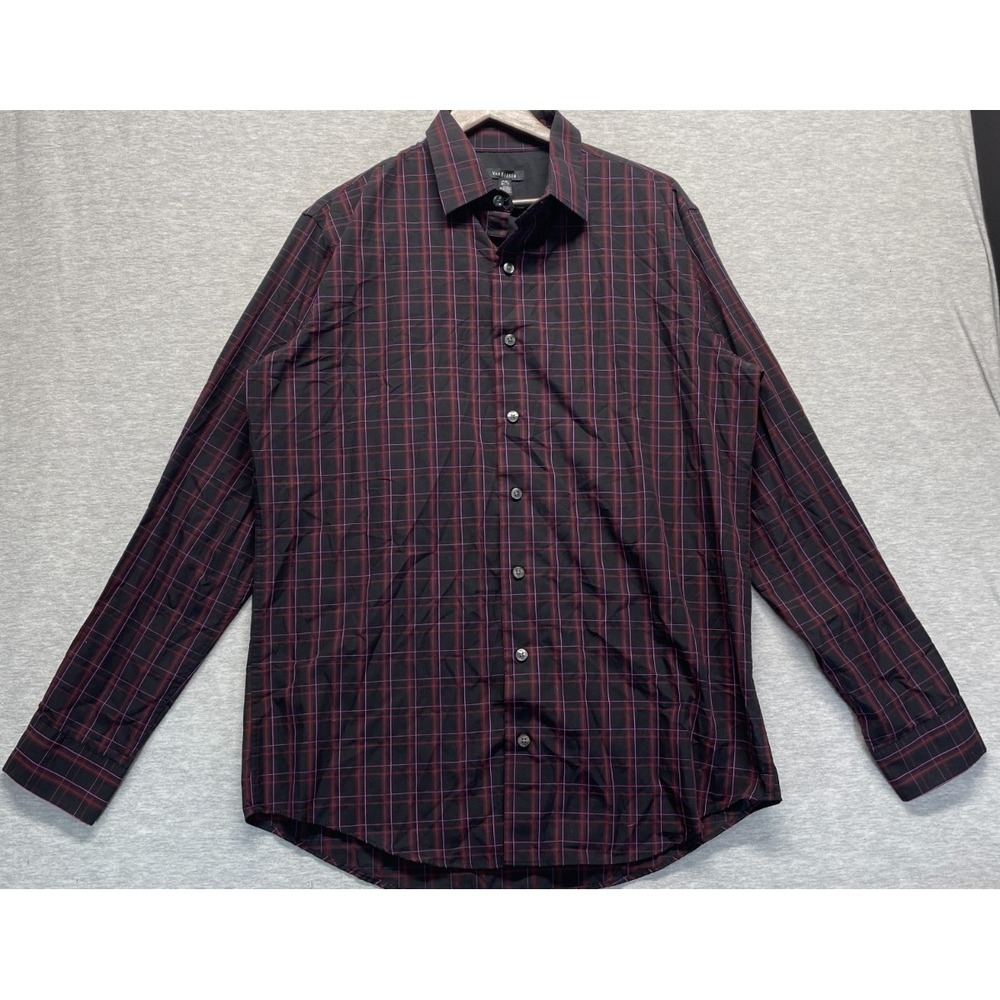 Van Heusen Dress Shirt Mens LT 16.5-17 Black Multi Plaid Cotton Business Formal